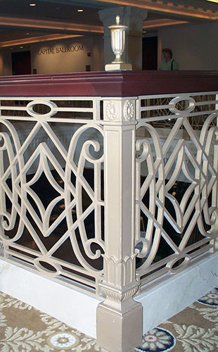 decorative off white cast iron newel post and railing detail capital ballroom