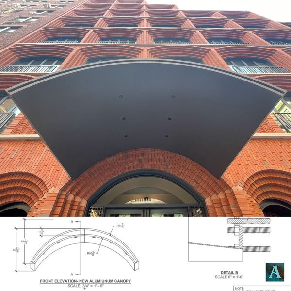 front-with-drawing-final 64 university place aluminum canopy